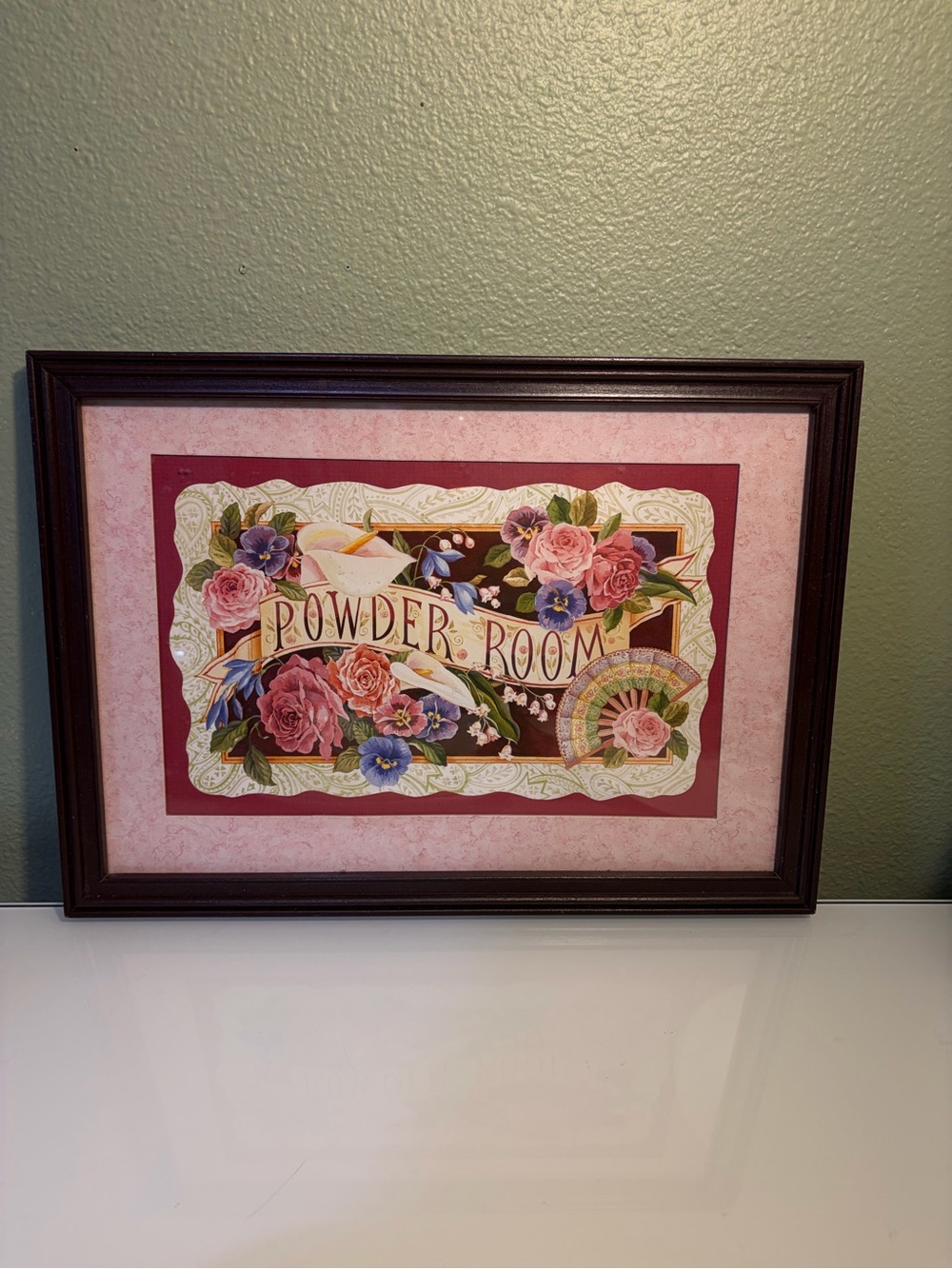 Vtg 1996 Powder Room Floral Framed Art - Pink & Maroon